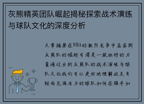 灰熊精英团队崛起揭秘探索战术演练与球队文化的深度分析 灰熊精英团队崛起揭秘探索战术演练与球队文化的深度分析